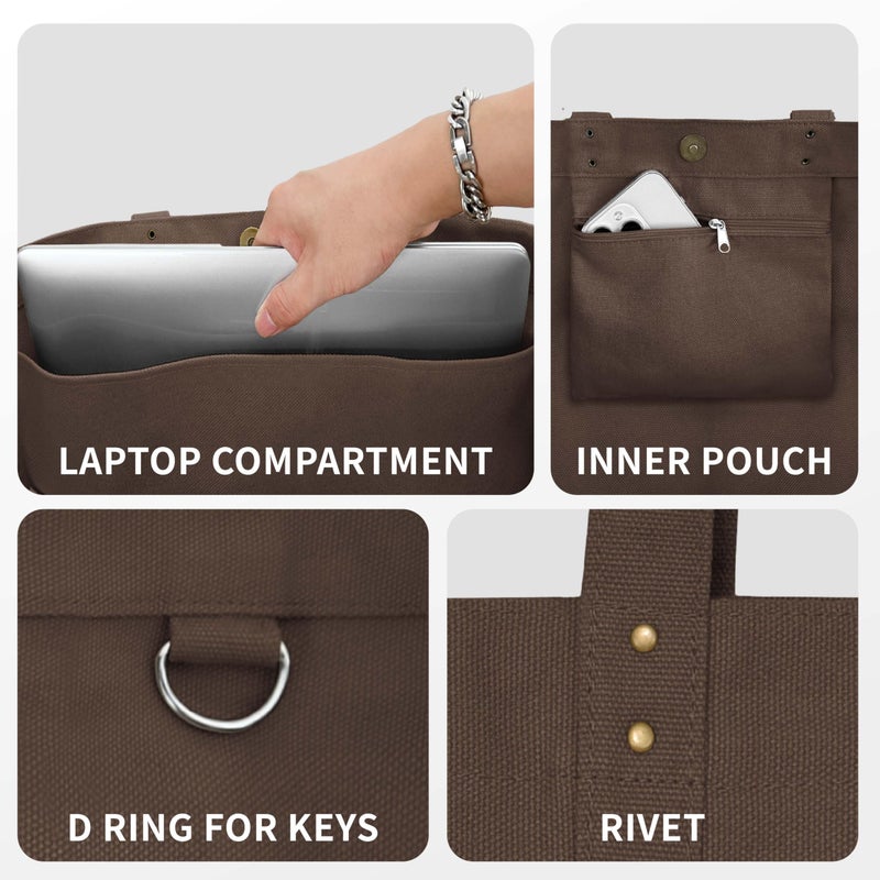 HOMESPON Large Canvas Tote Bag for Women Everything Bag with Pockets and Laptop Sleeve (Brown) - Image 5