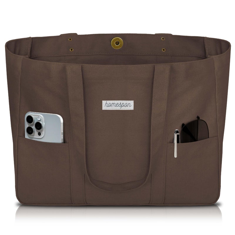 HOMESPON Large Canvas Tote Bag for Women Everything Bag with Pockets and Laptop Sleeve (Brown) - Image 1