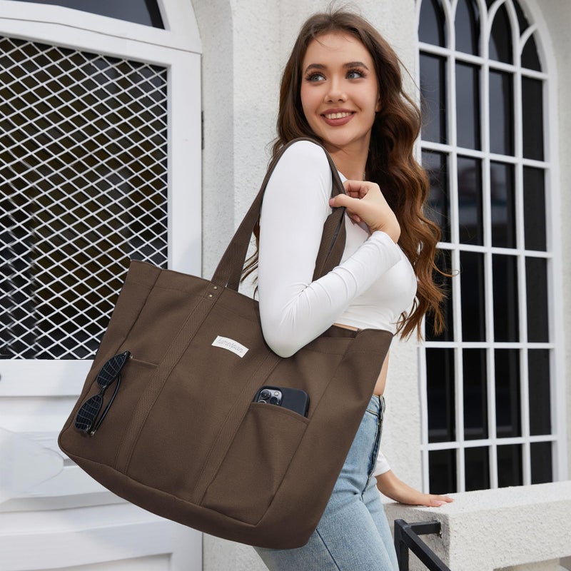 HOMESPON Large Canvas Tote Bag for Women Everything Bag with Pockets and Laptop Sleeve (Brown) - Image 2