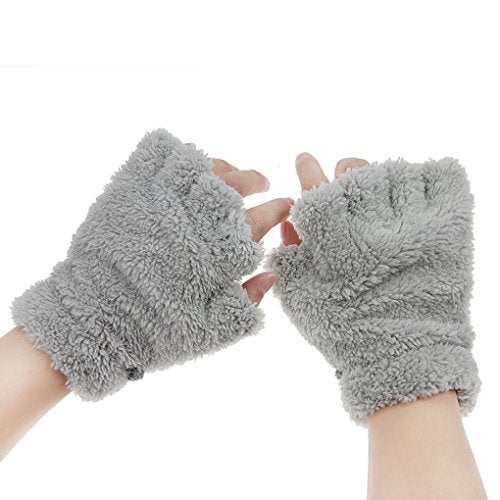 FakeFace Cute Cat Kitten Paw Fingerless Faux Fur Plush Gloves For Girls Women, Grey, Small - Image 3