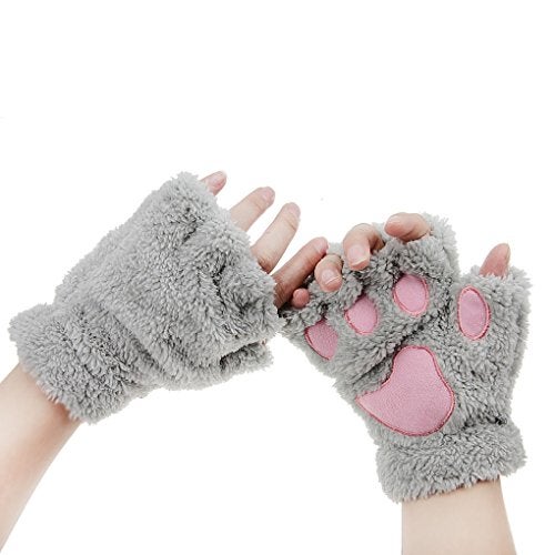 FakeFace Cute Cat Kitten Paw Fingerless Faux Fur Plush Gloves For Girls Women, Grey, Small - Image 1
