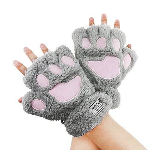 FakeFace Cute Cat Kitten Paw Fingerless Faux Fur Plush Gloves For Girls Women, Grey, Small - Image 2