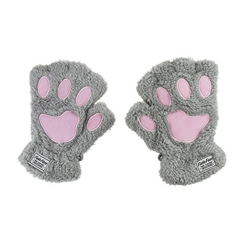 FakeFace Cute Cat Kitten Paw Fingerless Faux Fur Plush Gloves For Girls Women, Grey, Small - Image 5