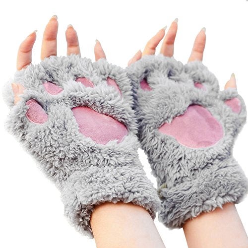FakeFace Cute Cat Kitten Paw Fingerless Faux Fur Plush Gloves For Girls Women, Grey, Small - Image 4
