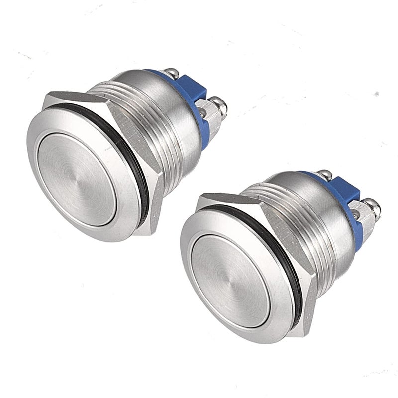 APIELE Push Button Switch 19mm Momentary Waterproof Stainless Steel Metal Flat Top 12V 24V 36 DC 110V 250V AC 5A 1NO SPST Screw Terminal Pack of 2