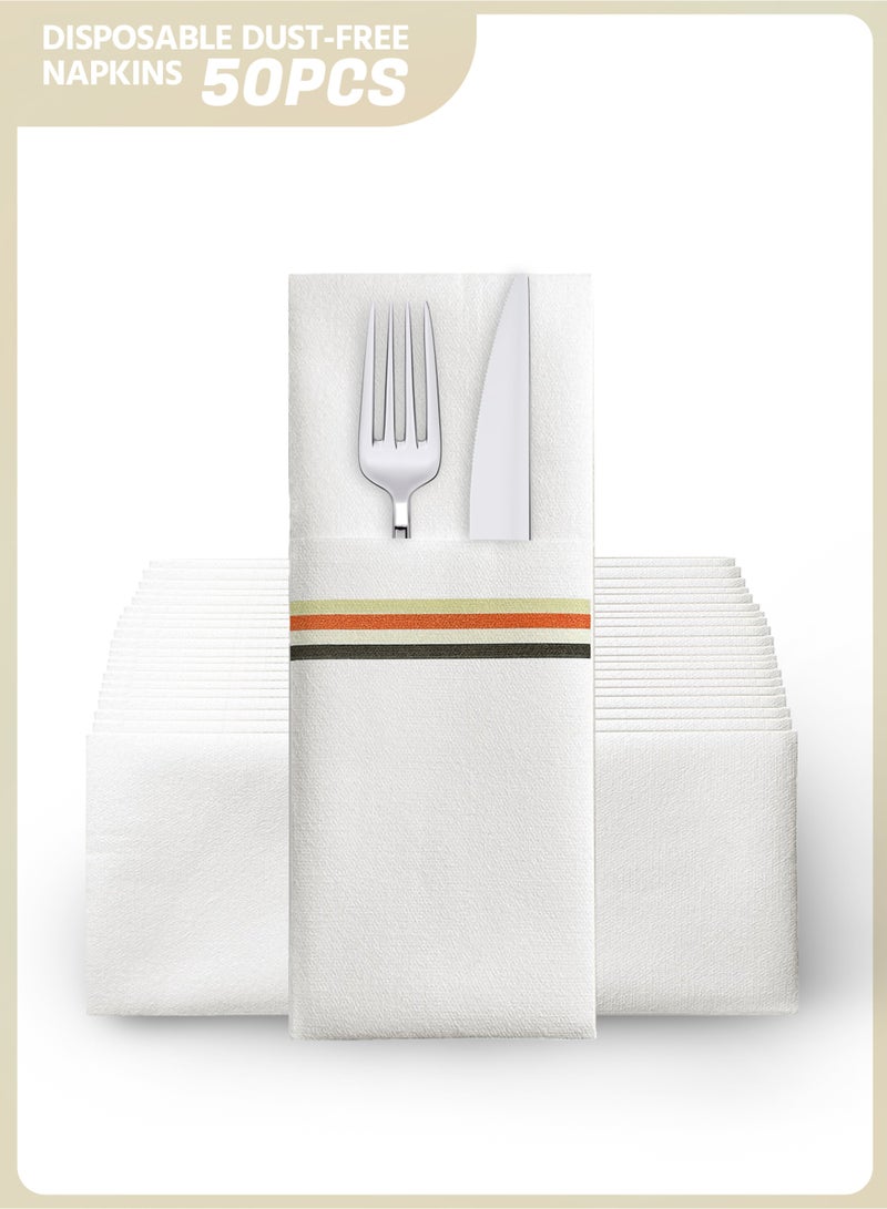 50-Piece Disposable Cloth Like Napkins with Exquisite Stripes, Built-in Flatware Pocket, Wedding Party Linen Feel Napkin, Prefolded for Silverware,16*16 Inch - Image 1