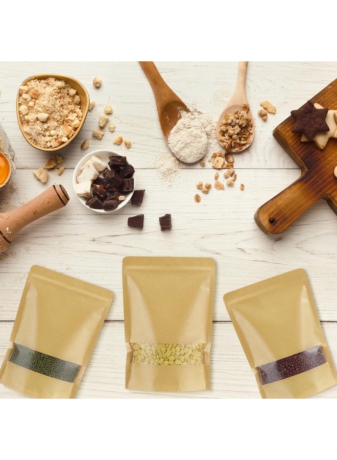 Geosar 300 Pcs Kraft Bags with Window Kraft Stand up Pouches Bulk Kraft Zipper Lock Paper Bags Pouches Food Storage Bags Reusable Heat Sealable Bags for Packaging Home Office Business (7 x 10 Inch) 
