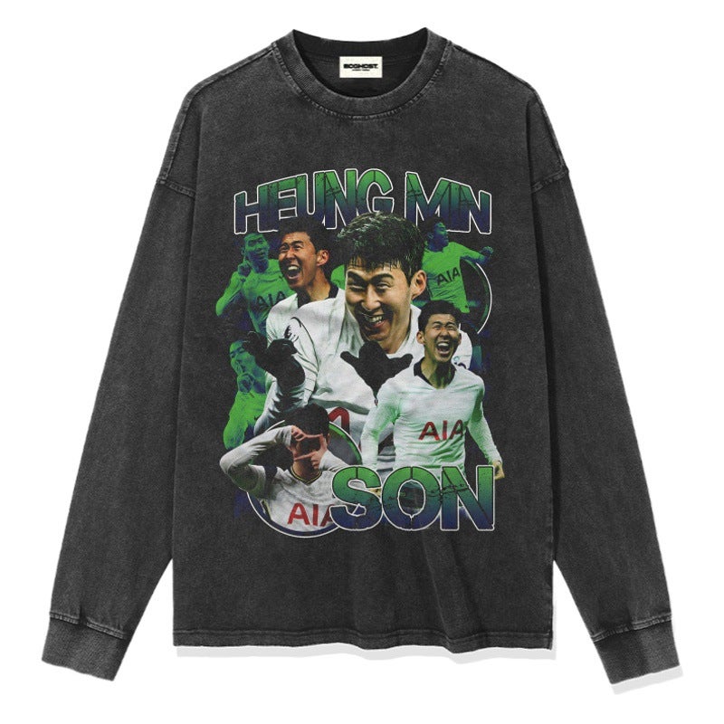 retro HEUNG MIN SON printed men''s t washed distressed short-sleeved T-shirt heavy small neckline bottoming shirt - Image 2