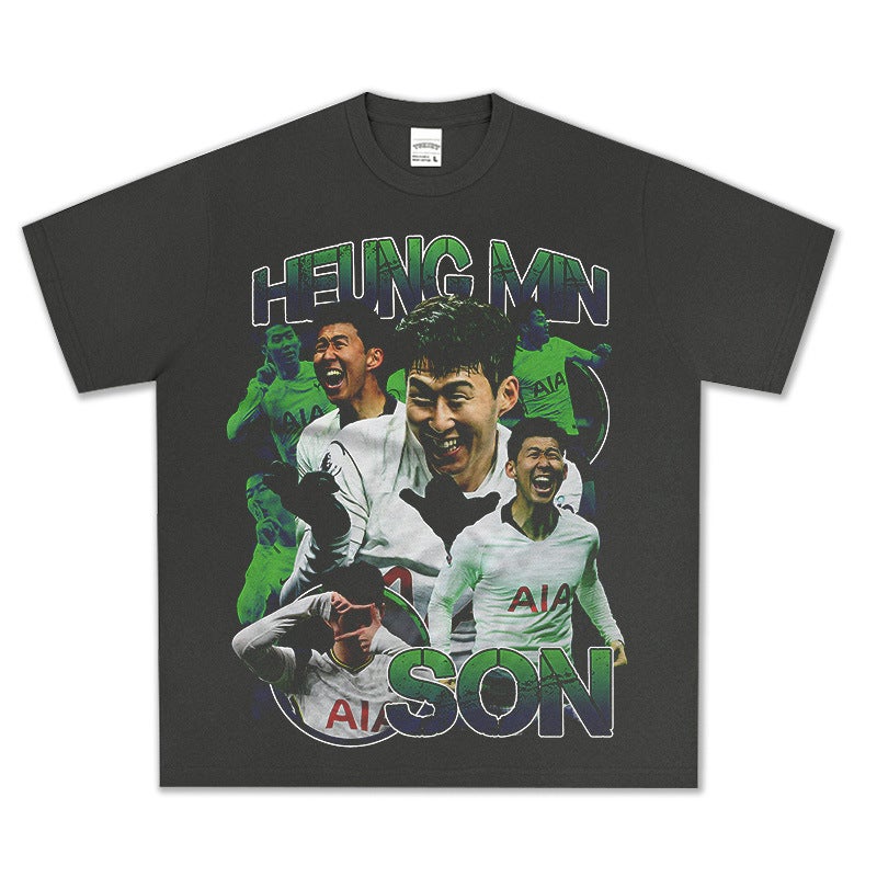 retro HEUNG MIN SON printed men''s t washed distressed short-sleeved T-shirt heavy small neckline bottoming shirt - Image 1