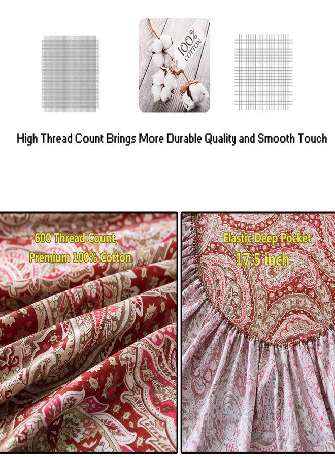 فادفاي طقم ملاءات فاخر بنقشة بيزلي من فادفاي، مقاس كينج، لون أحمر وذهبي أنيق، طقم ملاءات أنيق بنقشة بيزلي حمراء، مصنوع من القطن بنسبة 100%، فائق النعومة، مضاد للحساسية، ملاءة مثبتة بجيب عميق، 4 قطع، مقاس كينج - Image 5