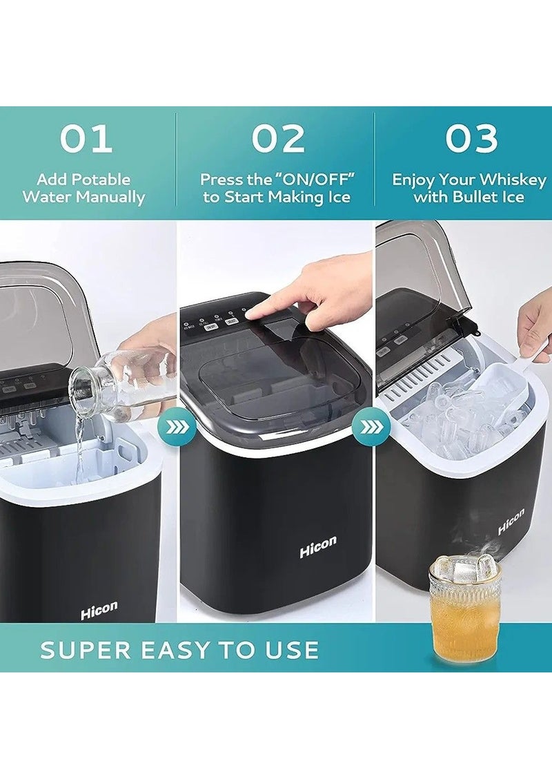 HICON - Hikon Cube Ice Machine, 33 lbs/24 hours, with handle and automatic cleaning function, table top with ice scoop for home kitchen, bars, tea and coffee shops (plastic) - Image 1