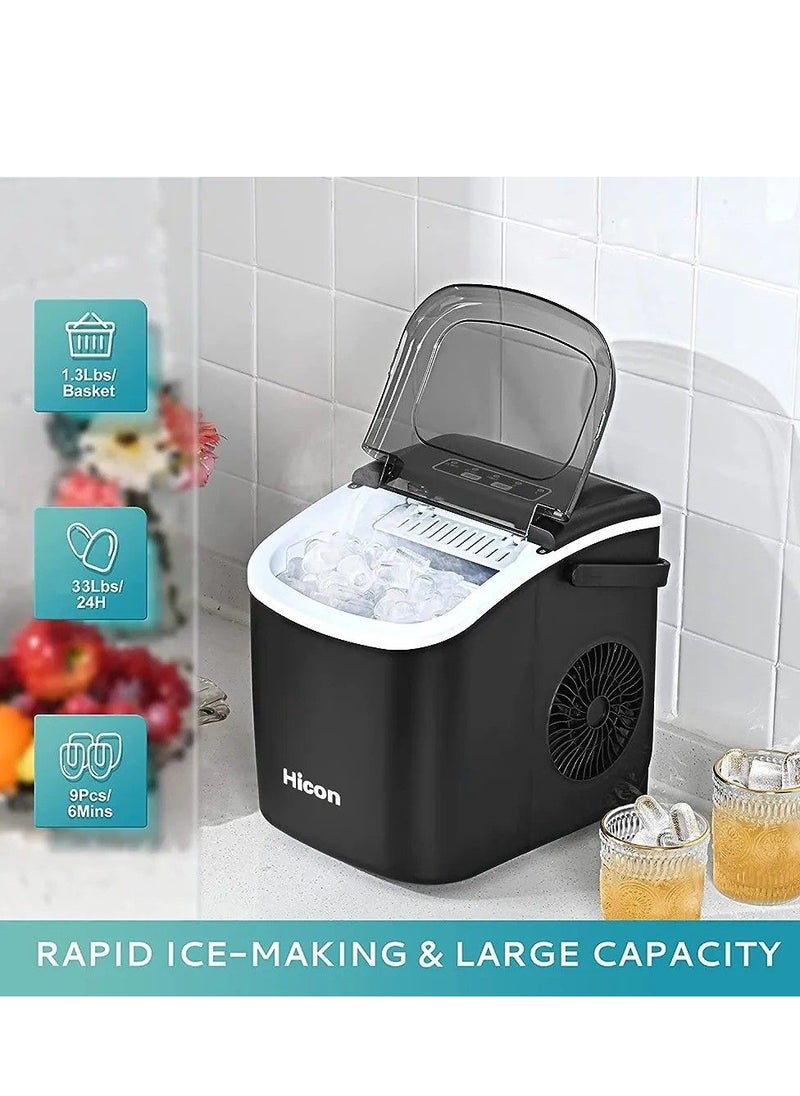 HICON - Hikon Cube Ice Machine, 33 lbs/24 hours, with handle and automatic cleaning function, table top with ice scoop for home kitchen, bars, tea and coffee shops (plastic) - Image 1