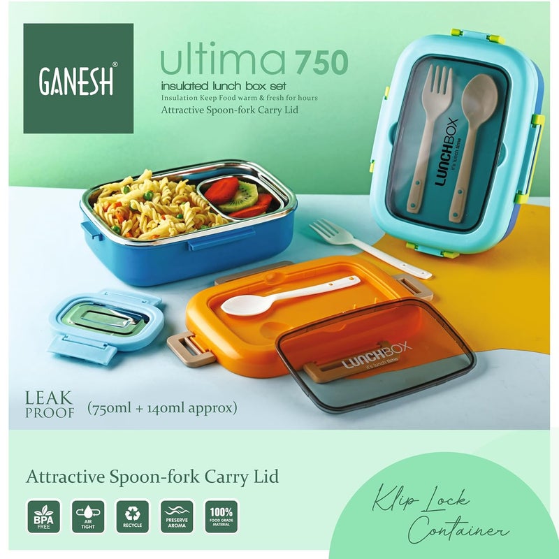 GANESH صندوق غداء غانيش الترا المعزول محكم الإغلاق ضد التسرب للمكتب، المدرسة، النزهات - بلاستيك - 750 مل - أخضر - Image 3