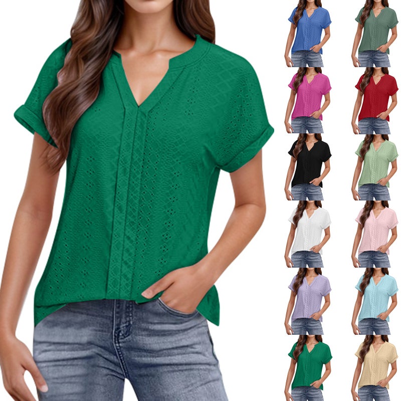 Women's V-Neck Short Sleeve Cutout T-Shirt - Image 1