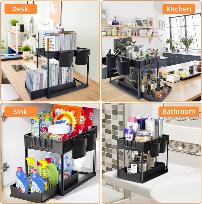 Smart Saver 2 TierUnder Sink Counter Organizer with slider for Cabinet Countertop Kitchen Black | Spice Jars & Racks | Kitchen Storage & Organization Shelf Baskets Dining & Bar, Bathroom - Image 5