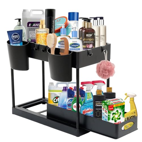 Smart Saver 2 TierUnder Sink Counter Organizer with slider for Cabinet Countertop Kitchen Black | Spice Jars & Racks | Kitchen Storage & Organization Shelf Baskets Dining & Bar, Bathroom - Image 1