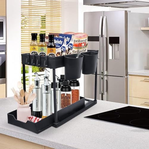 Smart Saver 2 TierUnder Sink Counter Organizer with slider for Cabinet Countertop Kitchen Black | Spice Jars & Racks | Kitchen Storage & Organization Shelf Baskets Dining & Bar, Bathroom - Image 4