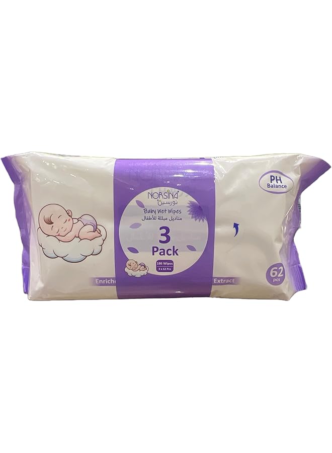 نورسينا مناديل مبللة للأطفال، عبوة من 62 منديلًا، لون بنفسجي - Image 3