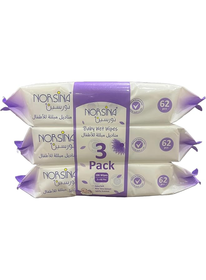 نورسينا مناديل مبللة للأطفال، عبوة من 62 منديلًا، لون بنفسجي - Image 2