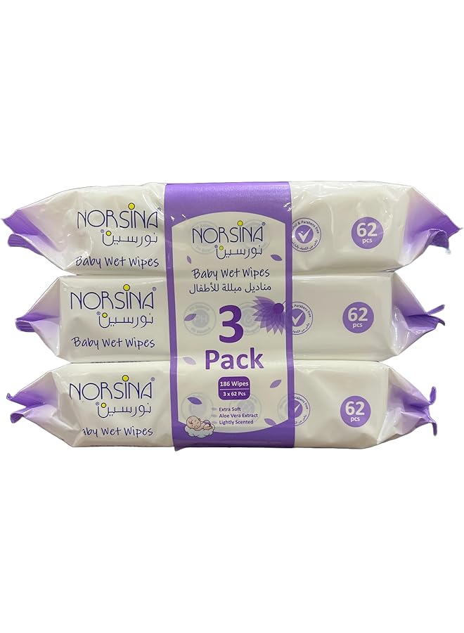 نورسينا مناديل مبللة للأطفال، عبوة من 62 منديلًا، لون بنفسجي - Image 1