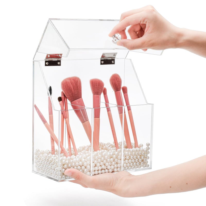 Okllen Makeup Brush Holder with Dustproof Lid, White Pearls, Acrylic Clear Makeup Brush Organizer with 3 Compartment, Large Cosmetic Brush Storage Box Case for Vanity, Bathroom, Bedroom - Image 5