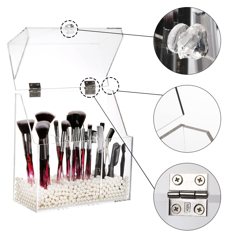Okllen Makeup Brush Holder with Dustproof Lid, White Pearls, Acrylic Clear Makeup Brush Organizer with 3 Compartment, Large Cosmetic Brush Storage Box Case for Vanity, Bathroom, Bedroom - Image 3