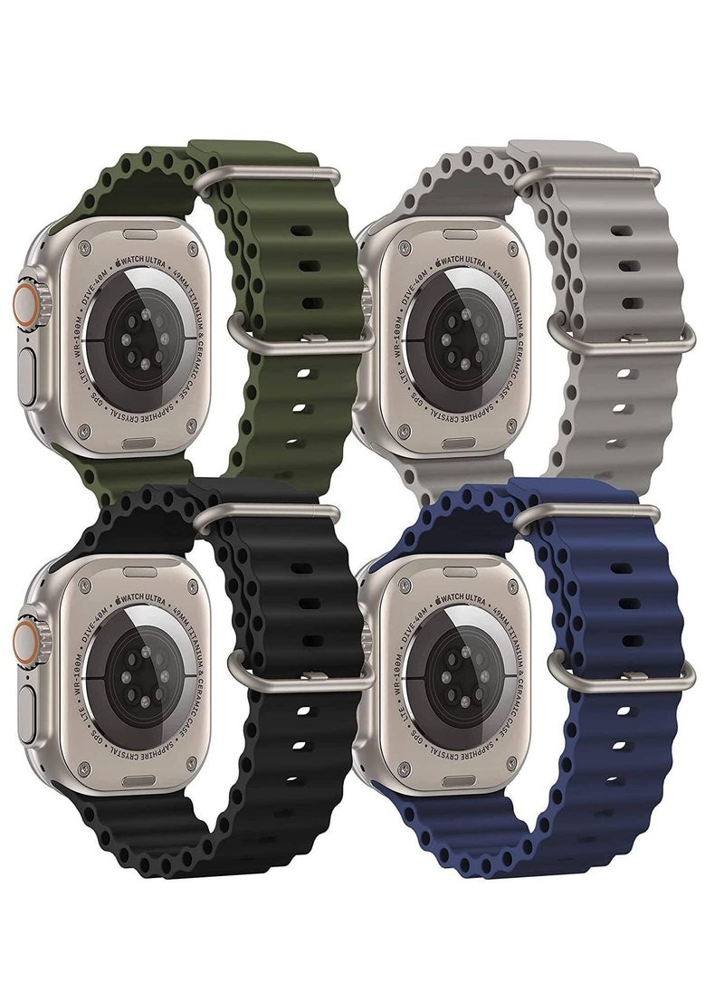 JAJEEK - 4-Pack Ocean Band Compatible with Apple Watch Ultra Bands 49mm, 45mm, 44mm – Adjustable Silicone Sport Wristbands for Men & Women in Green, Gray, Black, Blue – Durable & Comfortable - Image 1