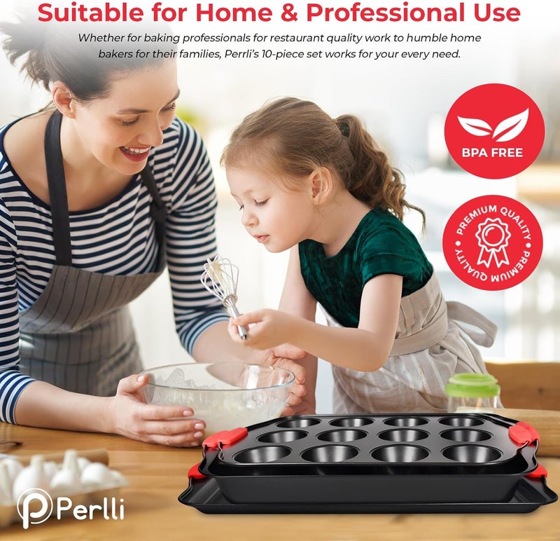 PERLLI Non-Stick 6-Piece Baking Pan Set, BPA-Free Carbon Steel Bakeware Set with Silicone Handles, Stackable Kitchen Oven Set, Cookie Sheet, Baking Tray, Baking Sheet Set, Oven Safe (446°F) - Image 5