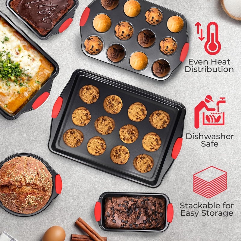 PERLLI Non-Stick 6-Piece Baking Pan Set, BPA-Free Carbon Steel Bakeware Set with Silicone Handles, Stackable Kitchen Oven Set, Cookie Sheet, Baking Tray, Baking Sheet Set, Oven Safe (446°F) - Image 4