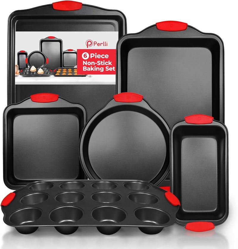 PERLLI Non-Stick 6-Piece Baking Pan Set, BPA-Free Carbon Steel Bakeware Set with Silicone Handles, Stackable Kitchen Oven Set, Cookie Sheet, Baking Tray, Baking Sheet Set, Oven Safe (446°F) - Image 1