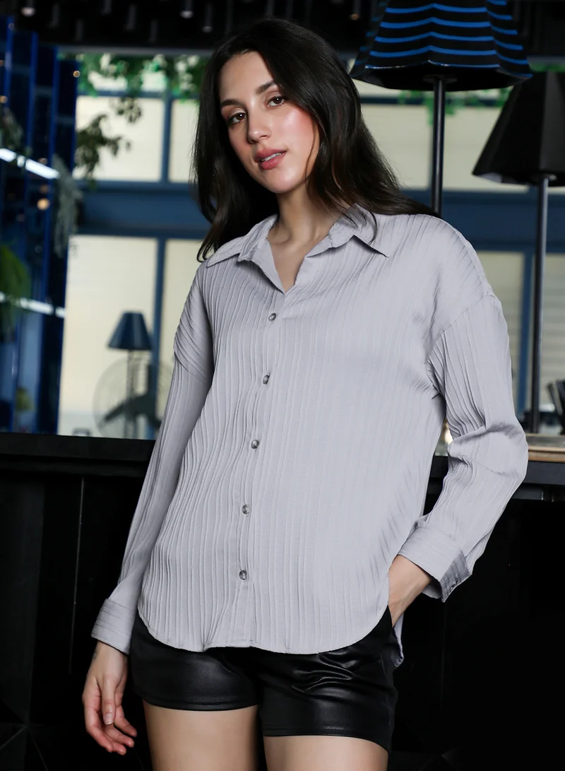 PINACOLADA Women's Pin-Tactile Oversized Shirt | Spread Collar , Long Button-Cuff Sleeves, Button Closure | Solid Textured Woven Shirt For Casual & Daily Wear | Flint Grey