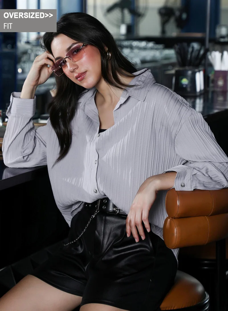 Women's Pin-Tactile Oversized Shirt | Spread Collar , Long Button-Cuff Sleeves, Button Closure | Solid Textured Woven Shirt For Casual & Daily Wear | Flint Grey