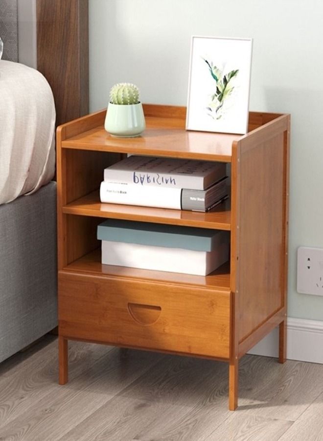 fashionhome Multipurpose Open Shelves Durable Bamboo Bedside Cabinet Nightstand Simple Modern Storage Side Table with Drawer for Bedroom Living Room 36x31x45 cm  - Image 1