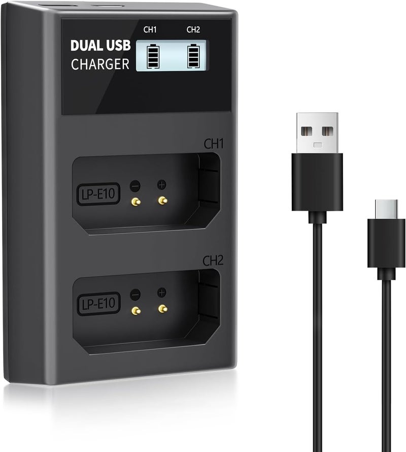 L & P -E10 Battery Charger, LCD Dual Charger Compatible with Canon EOS Rebel T7, T6, T5, T3, T100, 4000D, 3000D, 2000D, 1500D, 1300D, 1200D, 1100D, Kiss X50, X70, X80, X90(NOT for T3i T5i T6i T6s T7i) - Image 1
