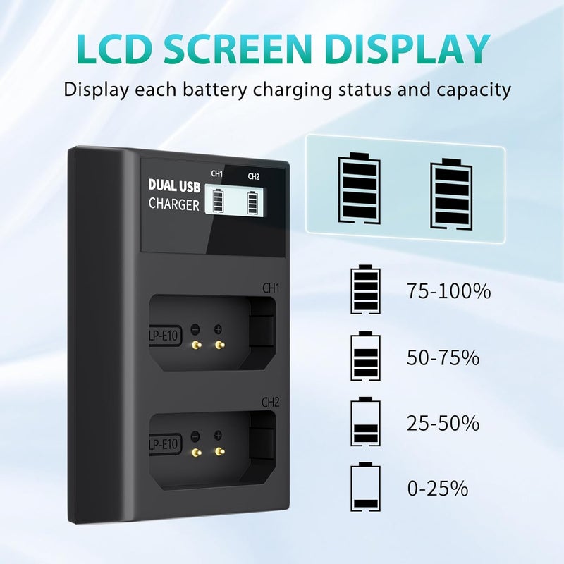 L & P -E10 Battery Charger, LCD Dual Charger Compatible with Canon EOS Rebel T7, T6, T5, T3, T100, 4000D, 3000D, 2000D, 1500D, 1300D, 1200D, 1100D, Kiss X50, X70, X80, X90(NOT for T3i T5i T6i T6s T7i) - Image 4