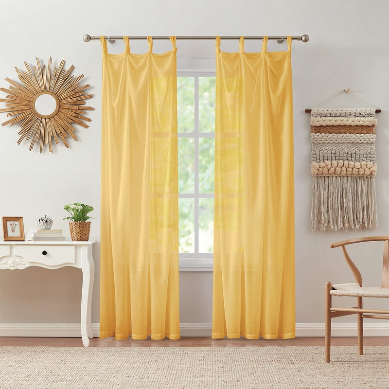 Indigo Ink Curtain Sheer Curtain Panel Window Treatment with Tie Top Dorm Essentials Knotted Loops Design Boho Inspired Home Decor Mia Collection Yellow 70 x 84