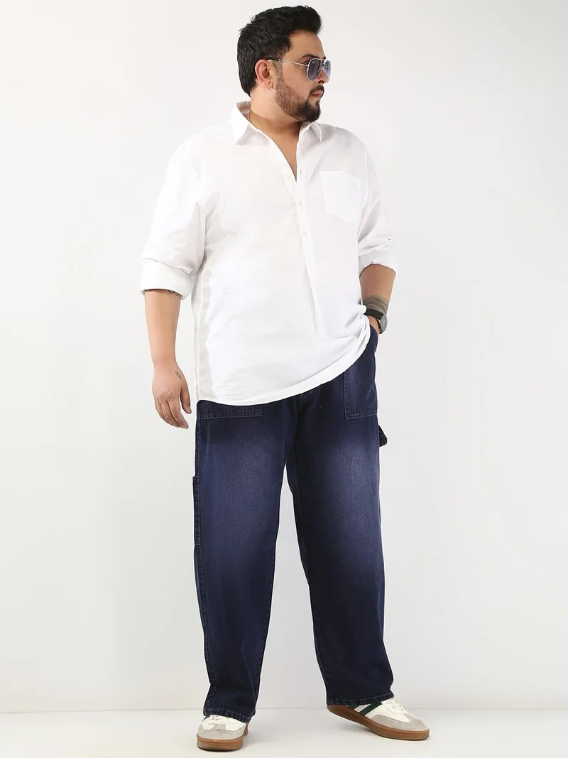 Urbano Fashion  Urbano Plus Men's Dark Blue Loose Fit Cargo Carpenter Jeans with 6 Pockets Non-Stretchable  | Best Price UAE
