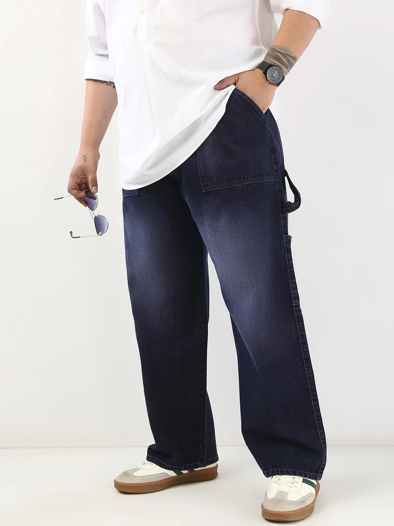 Urbano Plus Men's Dark Blue Loose Fit Cargo Carpenter Jeans with 6 Pockets Non-Stretchable