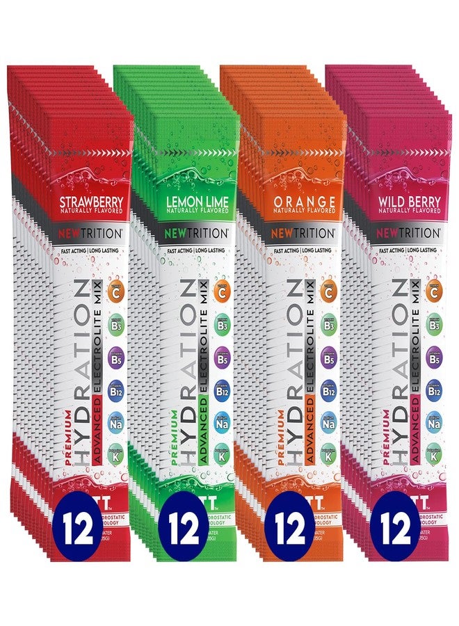 NewTrition® Hydration Powder - Pack of 48 Electrolyte Powder Packets, Naturally Flavored Hydrating Packets for Water, Fast Acting Electrolytes with Vitamins, Lime, Strawberry, Orange, Wild Berry - Image 1