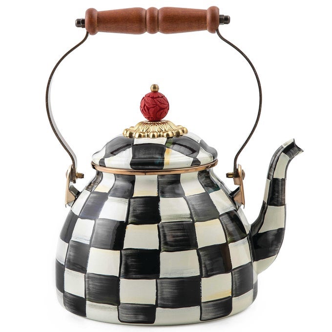 MACKENZIECHILDS ENAMEL TEA KETTLE STYLISH TEA KETTLE FOR STOVETOP BLACKANDWHITE COURTLY CHECK 2 QUARTS