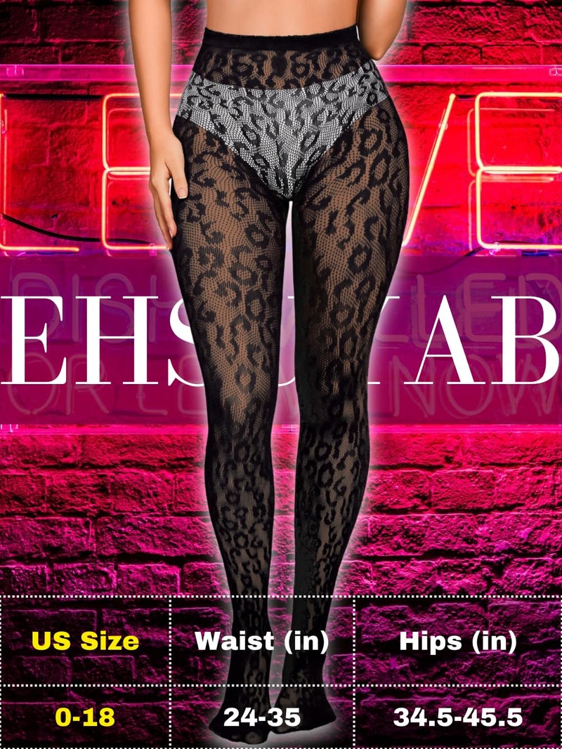 EHSUYAB Women Sexy Leopard Print Lace Tights, Cheetah Patterned Pantyhose Leggings, Sheer Fishnet Stockings Club Rave Outfits Black One Size - Image 5