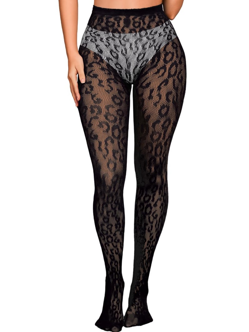 EHSUYAB Women Sexy Leopard Print Lace Tights, Cheetah Patterned Pantyhose Leggings, Sheer Fishnet Stockings Club Rave Outfits Black One Size - Image 1