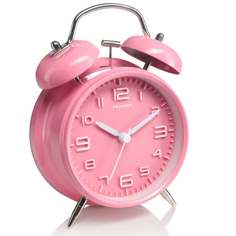 Peakeep 4 Inches Twin Bell Loud Alarm Clock for Heavy Sleepers Kids Battery Operated Old Fashioned Alarm Clock 3DDial Pink