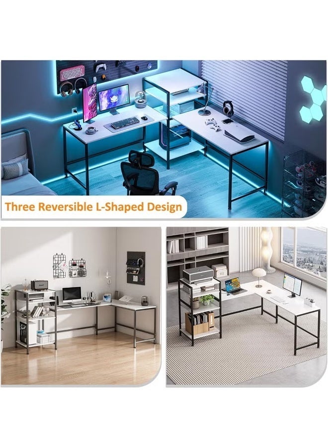L Shaped Computer Desk with Adjustable Storage Shelves, Corner Gaming Desk, Study Desk, Office Desk, Home Writing Workstation (YN122-White) - Image 3