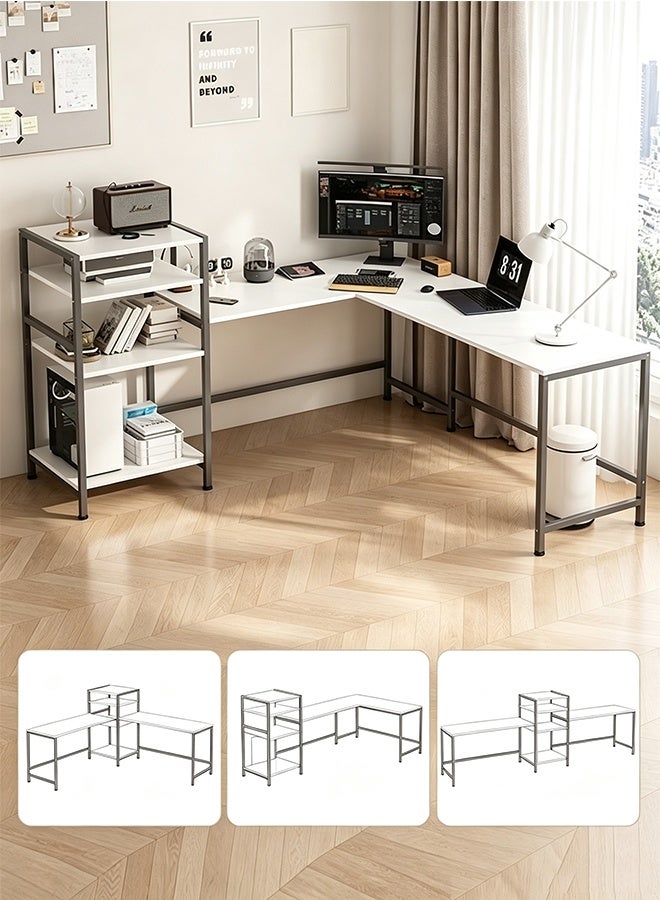 L Shaped Computer Desk with Adjustable Storage Shelves, Corner Gaming Desk, Study Desk, Office Desk, Home Writing Workstation (YN122-White) - Image 1