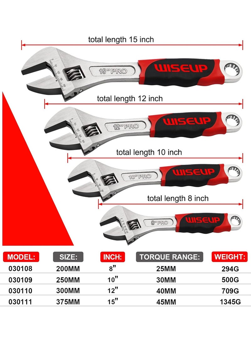 وايزأب مجموعة مفاتيح ربط قابلة للتعديل من WISEUP مقاس 8 بوصات و10 بوصات من Cr-V مجموعة مفاتيح يدوية صناعية مزورة بمقبض مضاد للانزلاق على شكل هلال - Image 4
