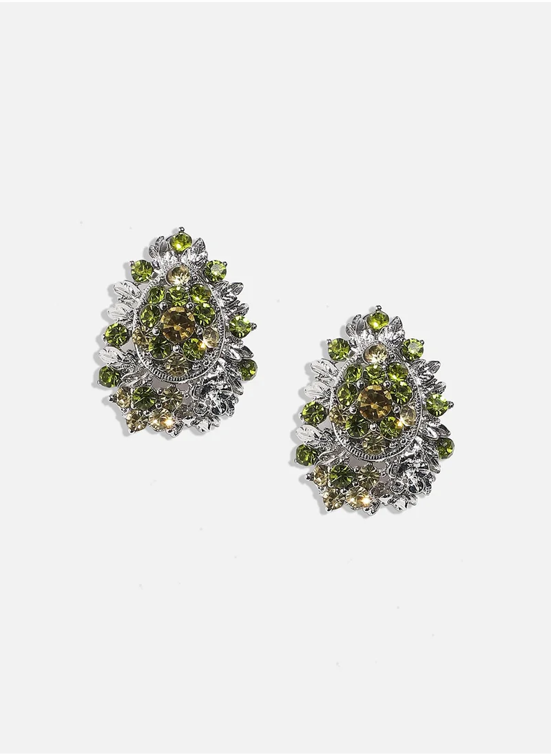 SOHI Textured Crystal Stud Earrings - Green & Silver-Colour