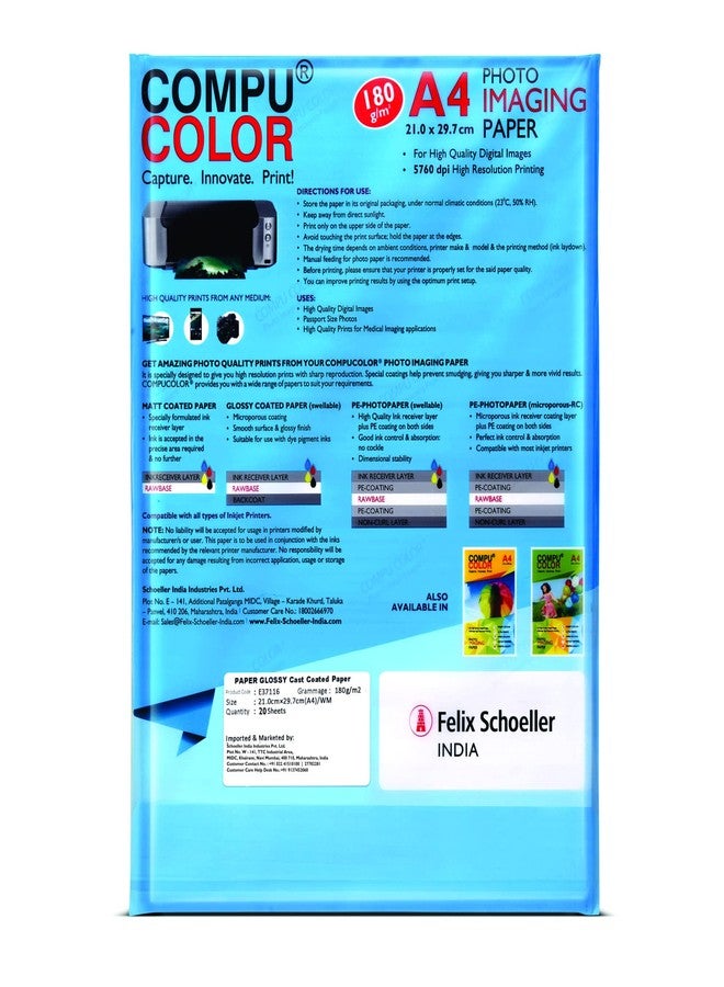COMPUCOLOR- Cast Coated Primo Glossy Photo Paper 180GSM (A4 Size, 20 Sheets, Pack of 1) Bright White| For all Inkjet Printers | Water Proof, Scratch Resistant, Instant Dry, Long Lasting, Vibrant Color - Image 2