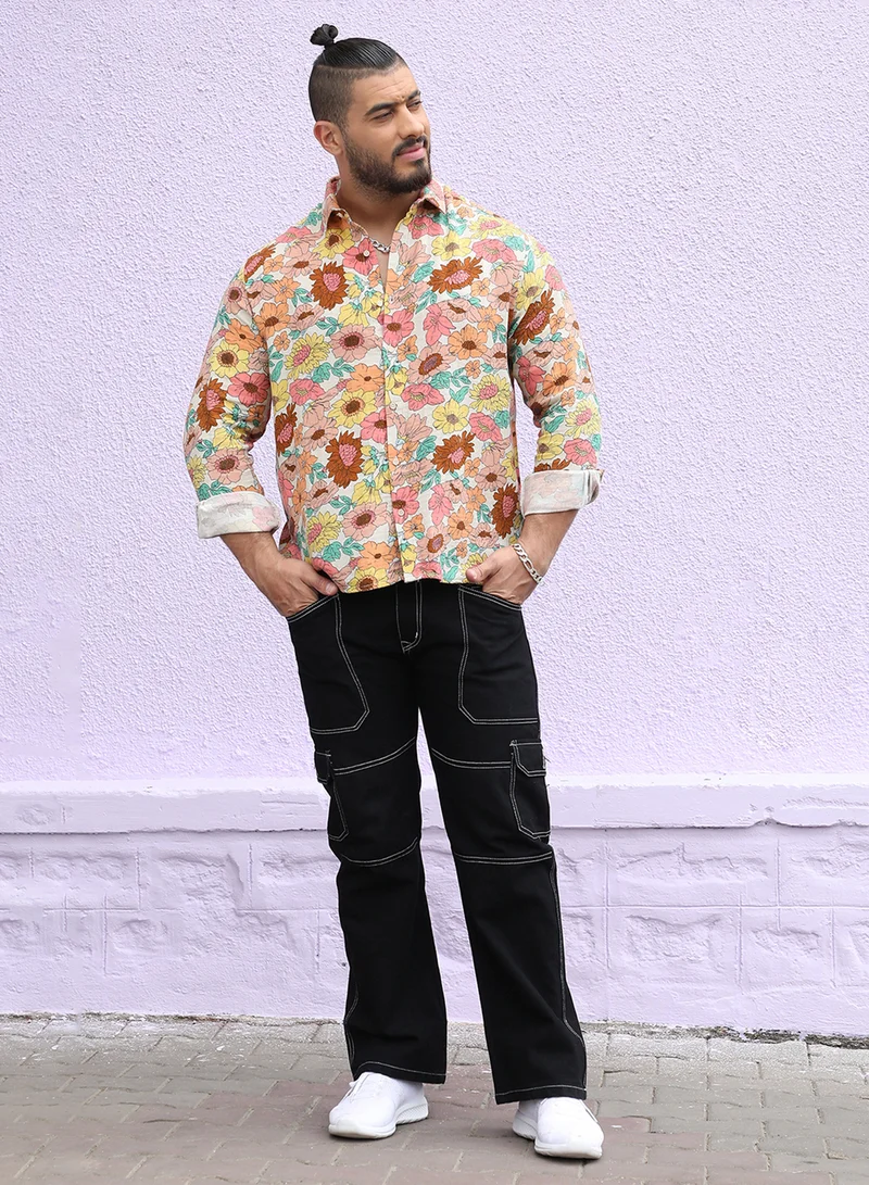 Instafab Plus Instafab Plus Men's Multicolour Floral Cluster Shirt For Casual Wear | Spread Collar | Long Sleeve | Button Closure | Cotton Shirt Crafted With Comfort Fit For Everyday Wear
