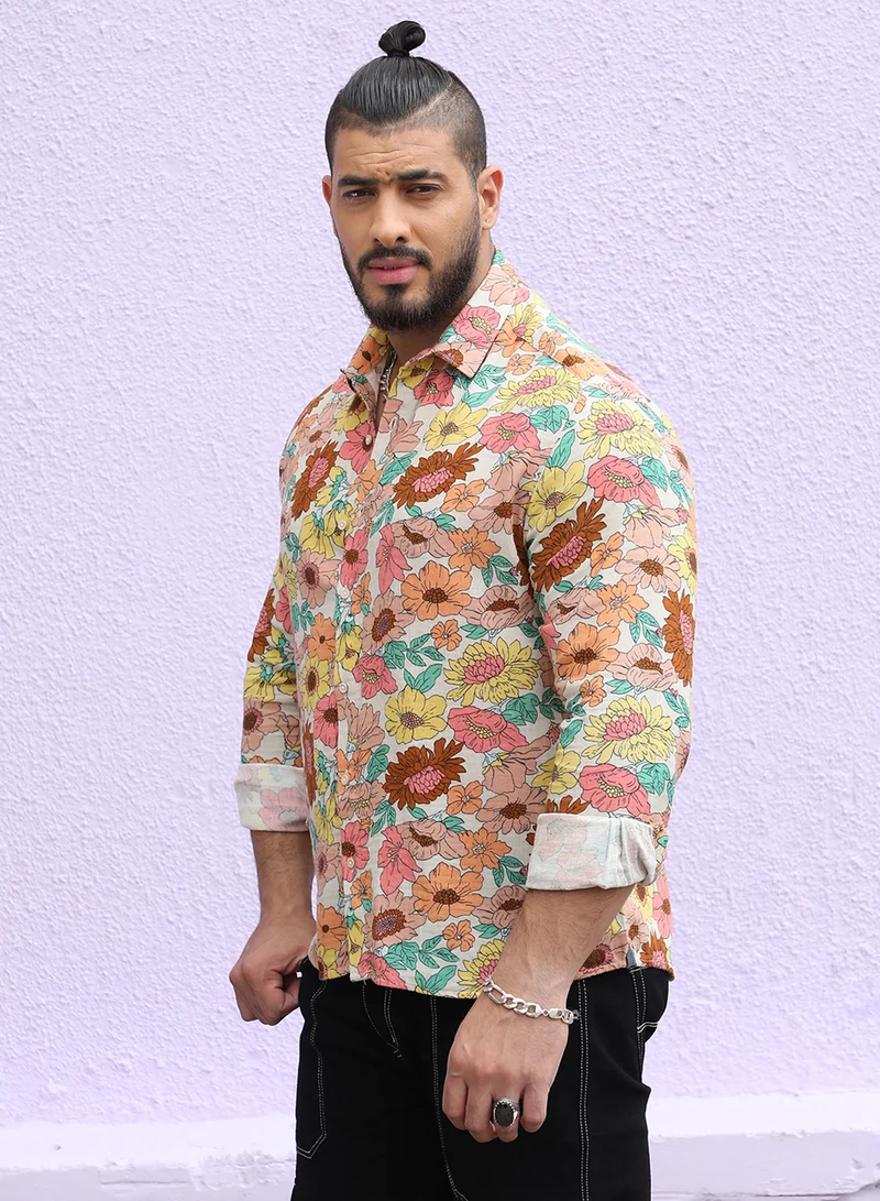 Instafab Plus Instafab Plus Men's Multicolour Floral Cluster Shirt For Casual Wear | Spread Collar | Long Sleeve | Button Closure | Cotton Shirt Crafted With Comfort Fit For Everyday Wear